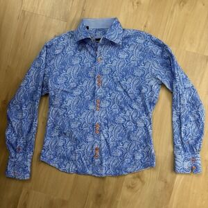 Bertigo Men's Dress Shirt (4) Large Blue Paisley With Orange Buttons And Thread